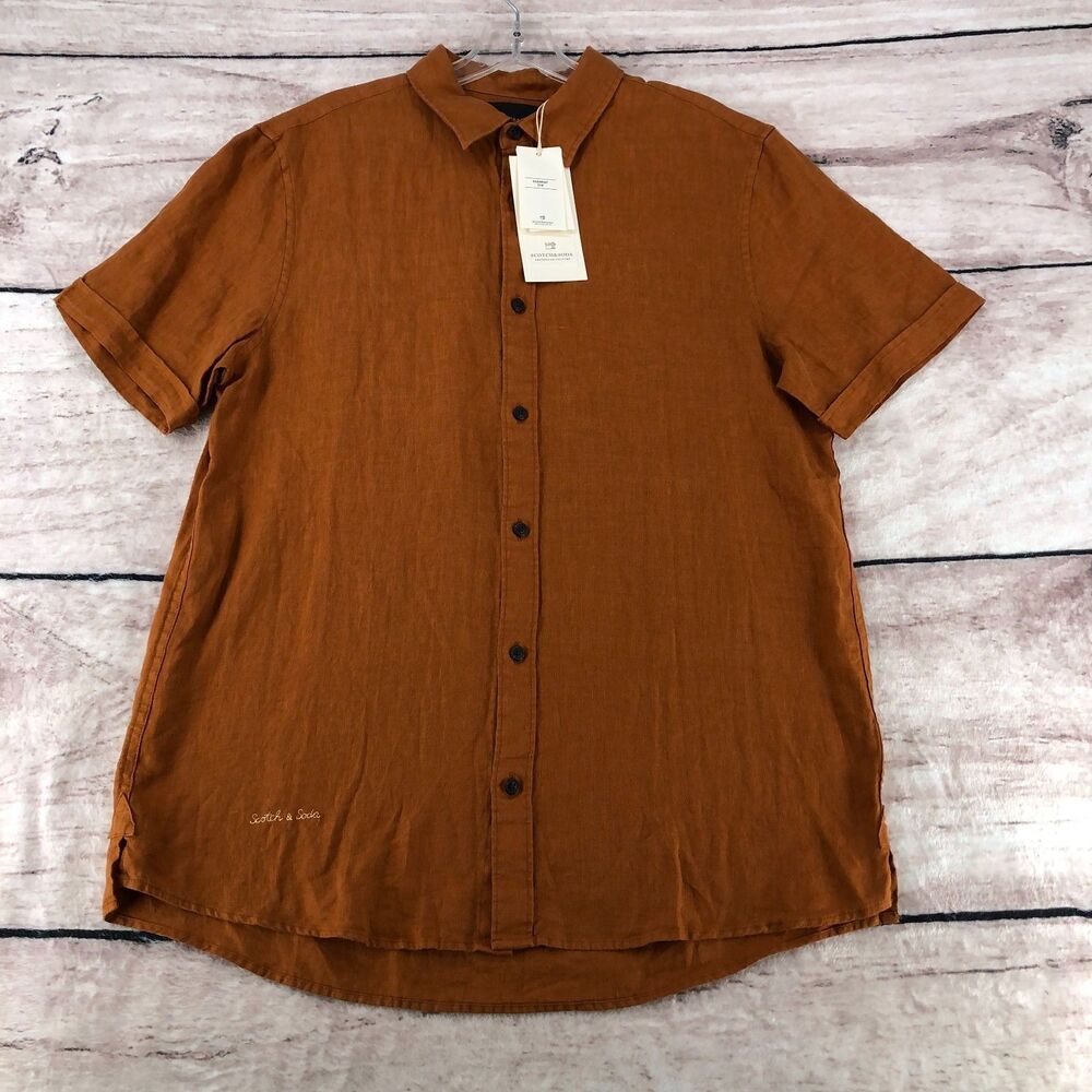 Scotch Soda Amsterdam Couture Shirt Mens L Brown Short Sleeve Button Up Linen